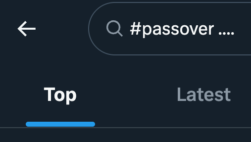 Screenshot of a Twitter/X search for "#passover," showing the tabs "Top," "Latest," and "People," with "Top" currently selected and highlighted in blue.