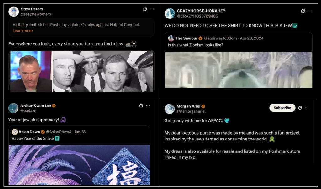 Composite screenshot of four X (Twitter) posts that use rat, pig, snake and octopus emojis to describe Jews or Zionists, illustrating overt antisemitic rhetoric.
