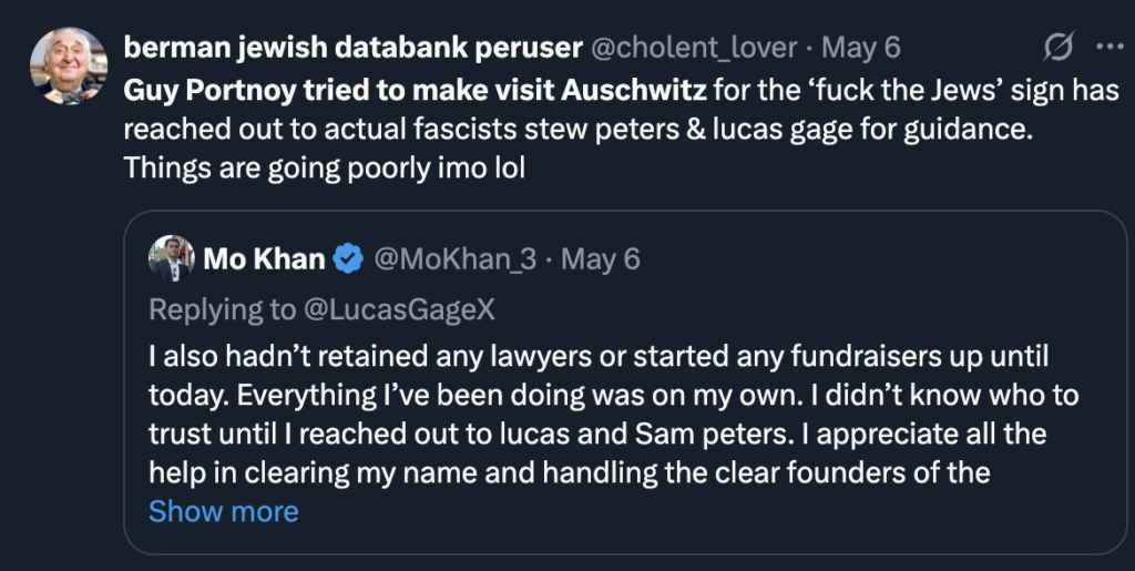 Screenshot of a tweet by @cholent_lover criticizing handling of backlash over an antisemitic sign, noting Mo Khan contacted far-right figures Stew Peters and Lucas Gage. A reply from Mo Khan expresses gratitude to Lucas and Sam Peters for helping him "clear [his] name."
