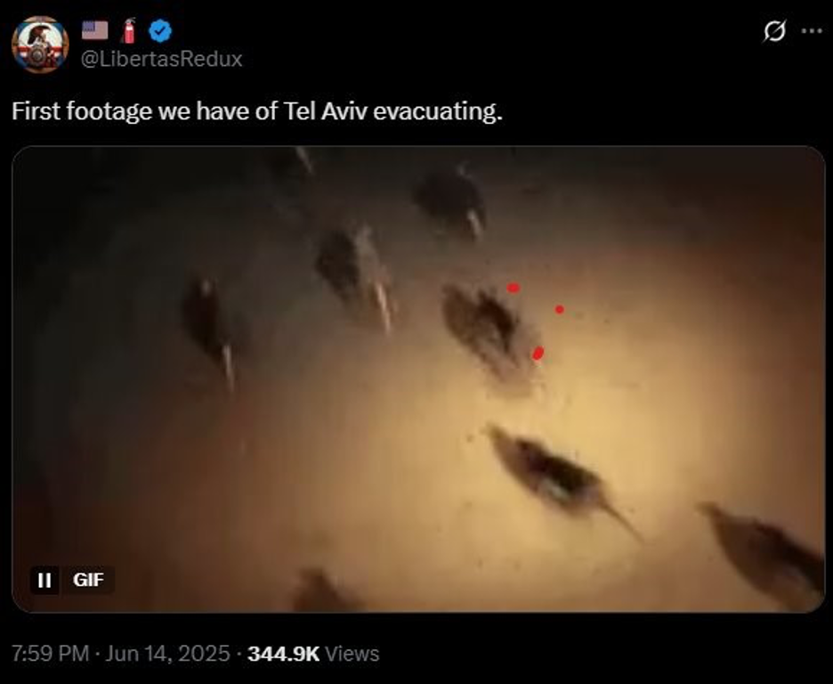 A screenshot of an X post displaying rats running what appears to be surveillance footage with a caption of "First footage we have of Tel Aviv evacuating."
