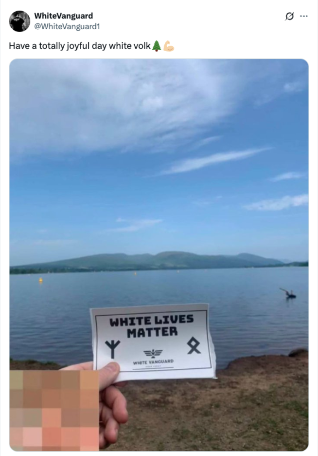 An X (formerly Twitter) post that has a picture of a "White Lives Matter" sign and the caption of "Have a totally joyful day while volk"