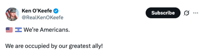 An X (formely Twitter) post that says: "We're Americans. We are occupied by our greatest ally!"