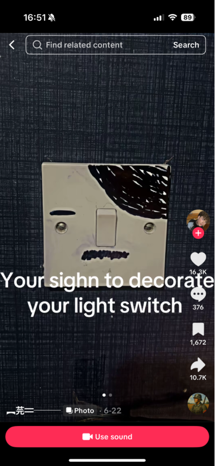 tiktok screenshot of lightswitch drawn on to look like Hitler
